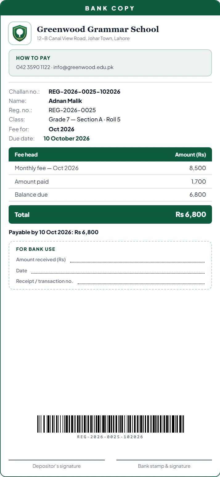 Bank copy of an Okulium fee challan