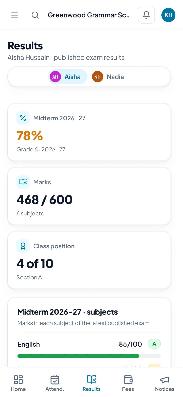 Exam results in the Okulium parent app