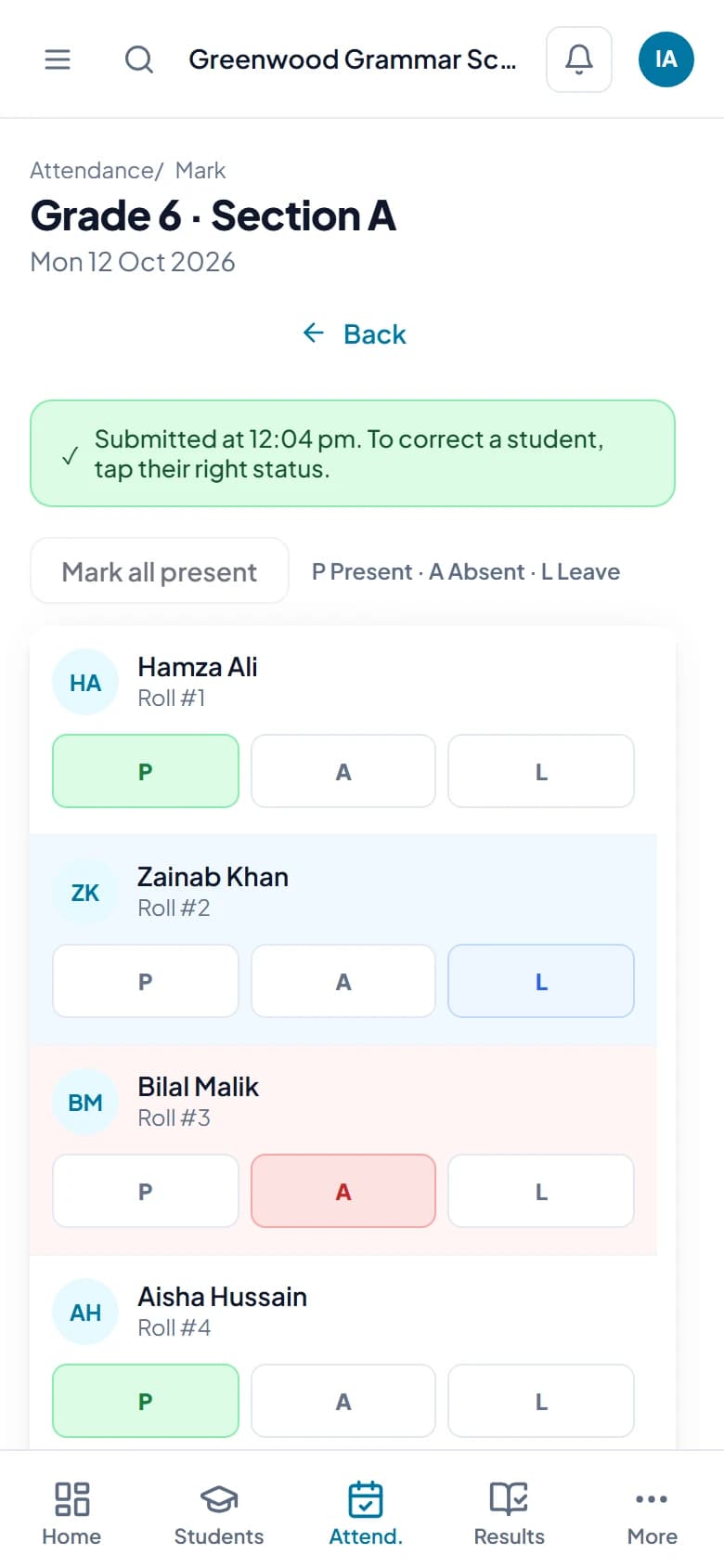 Teacher marking attendance on a phone